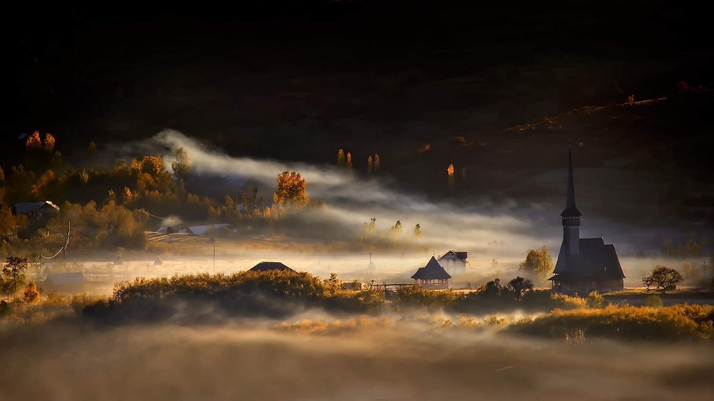 nature, Landscape, Mist, Morning, Village, Trees, Church, Sunrise, Fall, Romania Wallpaper