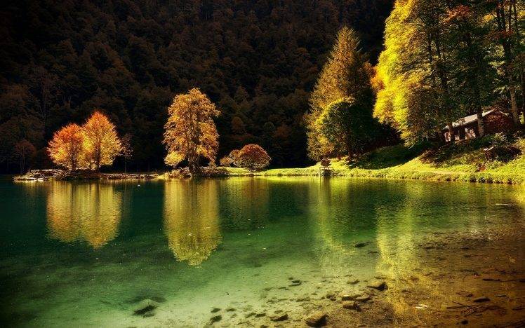 nature, Landscape, Lake, Cabin, Trees, Water, Forest, Hill, France, Grass, Sunlight HD Wallpaper Desktop Background