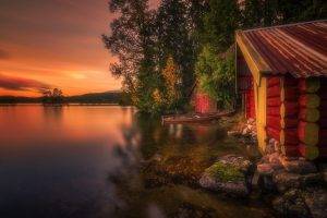 nature, Landscape, Boathouses, Lake, Trees, Norway, Fall, Sunset, Clouds, Hill