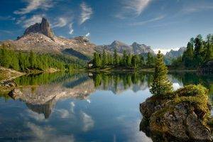 nature, Landscape, Mountain, Trees, Rock, Water, Lake, Forest, Pine Trees, Island, Clouds, Reflection, Clear Water, House