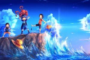 One Piece, Monkey D. Luffy, Waves, Portgas D. Ace, Sabo, Fish, Lens Flare, Rock