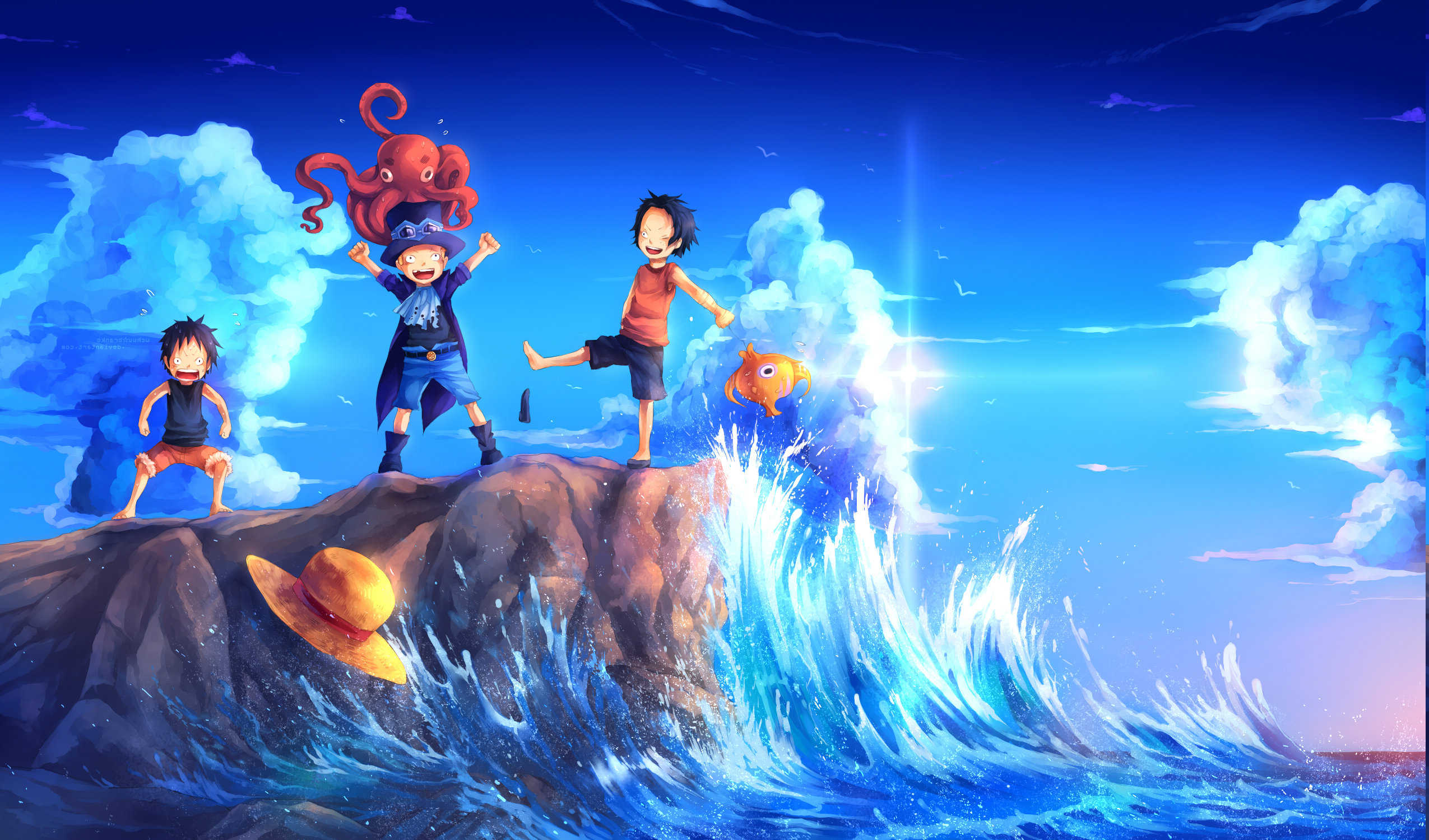 One Piece, Monkey D. Luffy, Waves, Portgas D. Ace, Sabo, Fish, Lens Flare, Rock Wallpaper