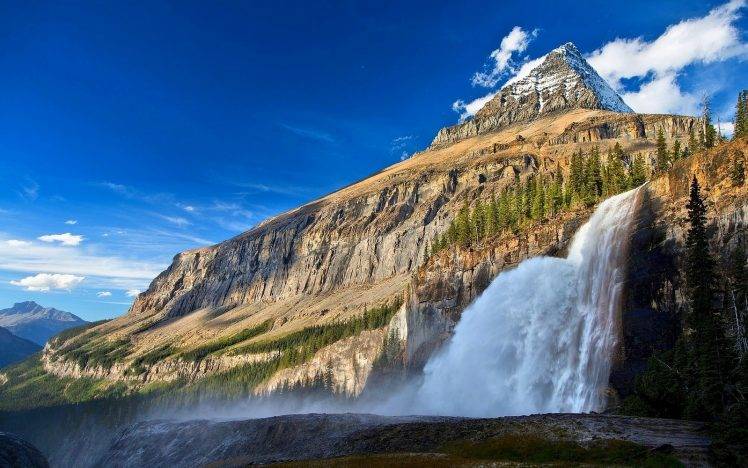 landscape, Nature, Canada, Waterfall, Mountain, Forest, Snowy Peak, Clouds, Trees, Blue, Mist HD Wallpaper Desktop Background