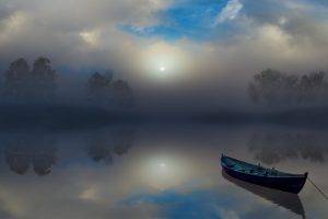 nature, Landscape, Mist, Sunrise, Calm, Atmosphere, Trees, Boat, Lake, Reflection, Clouds