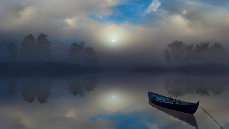 nature, Landscape, Mist, Sunrise, Calm, Atmosphere, Trees, Boat, Lake, Reflection, Clouds HD Wallpaper Desktop Background