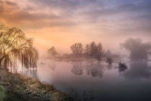 nature, Mist, Landscape, Sunrise, Trees, River, Clouds, Sky, Boat, Reflection, Atmosphere, Fisherman, Grass, Water