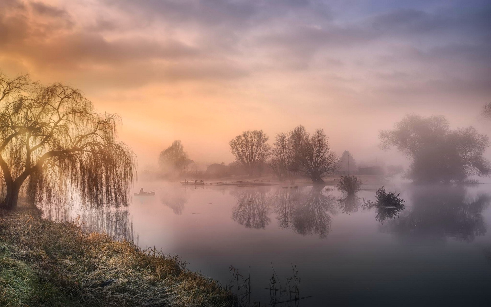 nature, Mist, Landscape, Sunrise, Trees, River, Clouds, Sky, Boat, Reflection, Atmosphere, Fisherman, Grass, Water Wallpaper