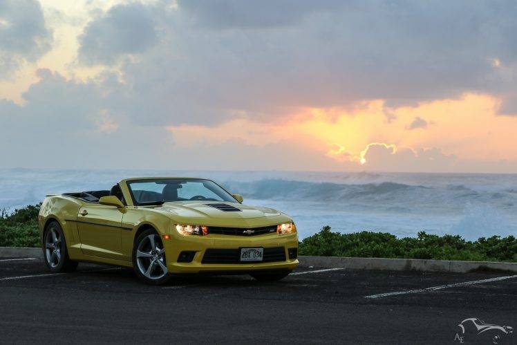 Chevrolet, Chevrolet Camaro Bumblebee, Chevrolet Camaro SS, Yellow, Hawaii, Sunset, Sea, Beach, Sky HD Wallpaper Desktop Background