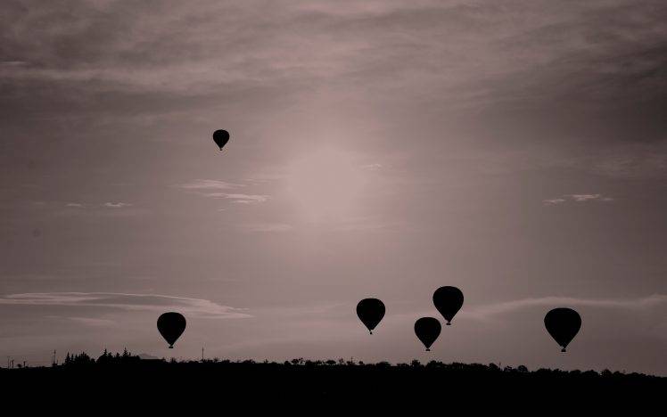 balloons, Sky, Landscape, Flying, Monochrome, Nature HD Wallpaper Desktop Background