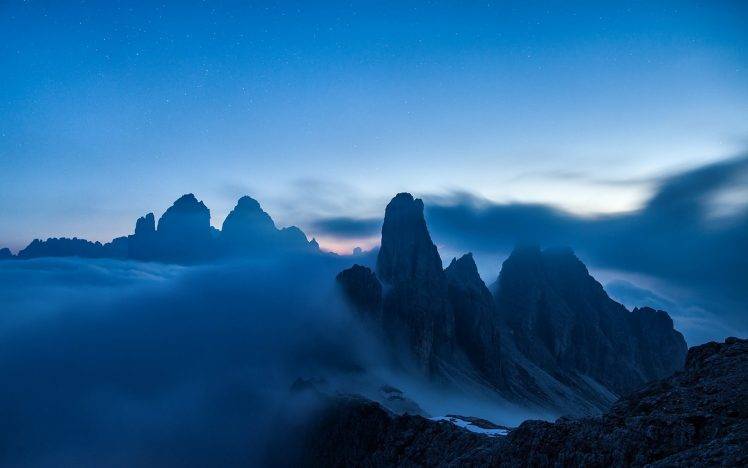 nature, Landscape, Mist, Blue, Mountain, Evening, Alps, Clouds, Stars HD Wallpaper Desktop Background