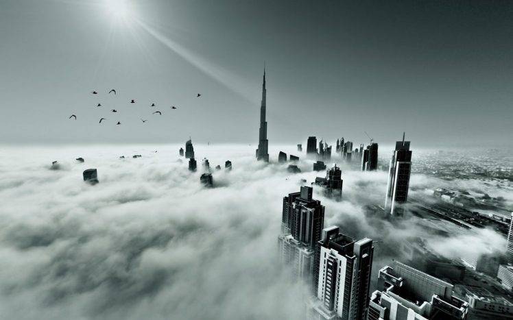 landscape, Dubai, United Arab Emirates, Mist, Skyscraper, Architecture, Sun Rays, Monochrome, Birds, Flying HD Wallpaper Desktop Background