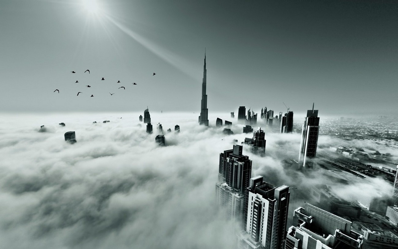 landscape, Dubai, United Arab Emirates, Mist, Skyscraper, Architecture, Sun Rays, Monochrome, Birds, Flying Wallpaper