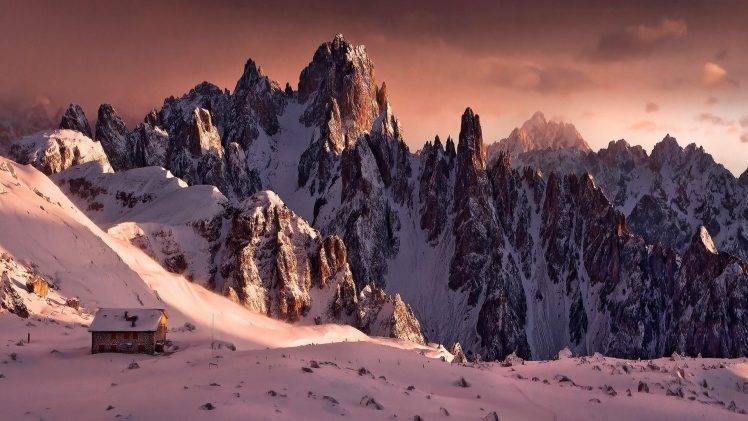 nature, Landscape, Mountain, Sunrise, Cabin, Snow, Winter, Mist, Clouds, Alps, Cold HD Wallpaper Desktop Background