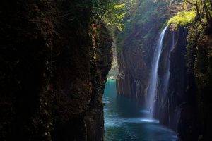 waterfall, Landscape, Canyon, Nature, Japan, Shrubs, Boat, Blue