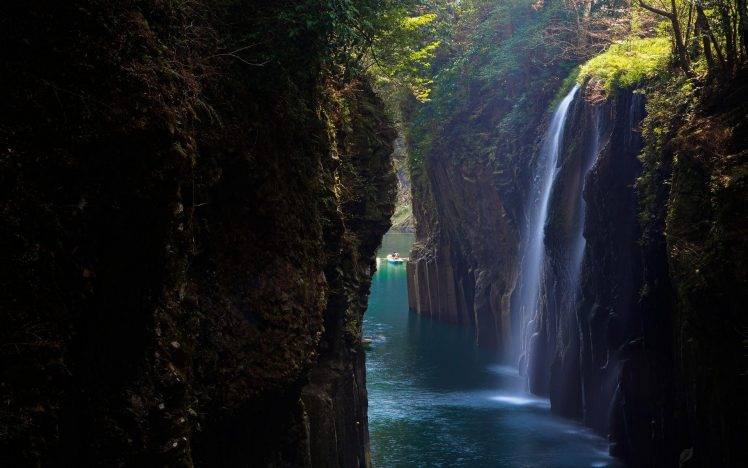 waterfall, Landscape, Canyon, Nature, Japan, Shrubs, Boat, Blue HD Wallpaper Desktop Background