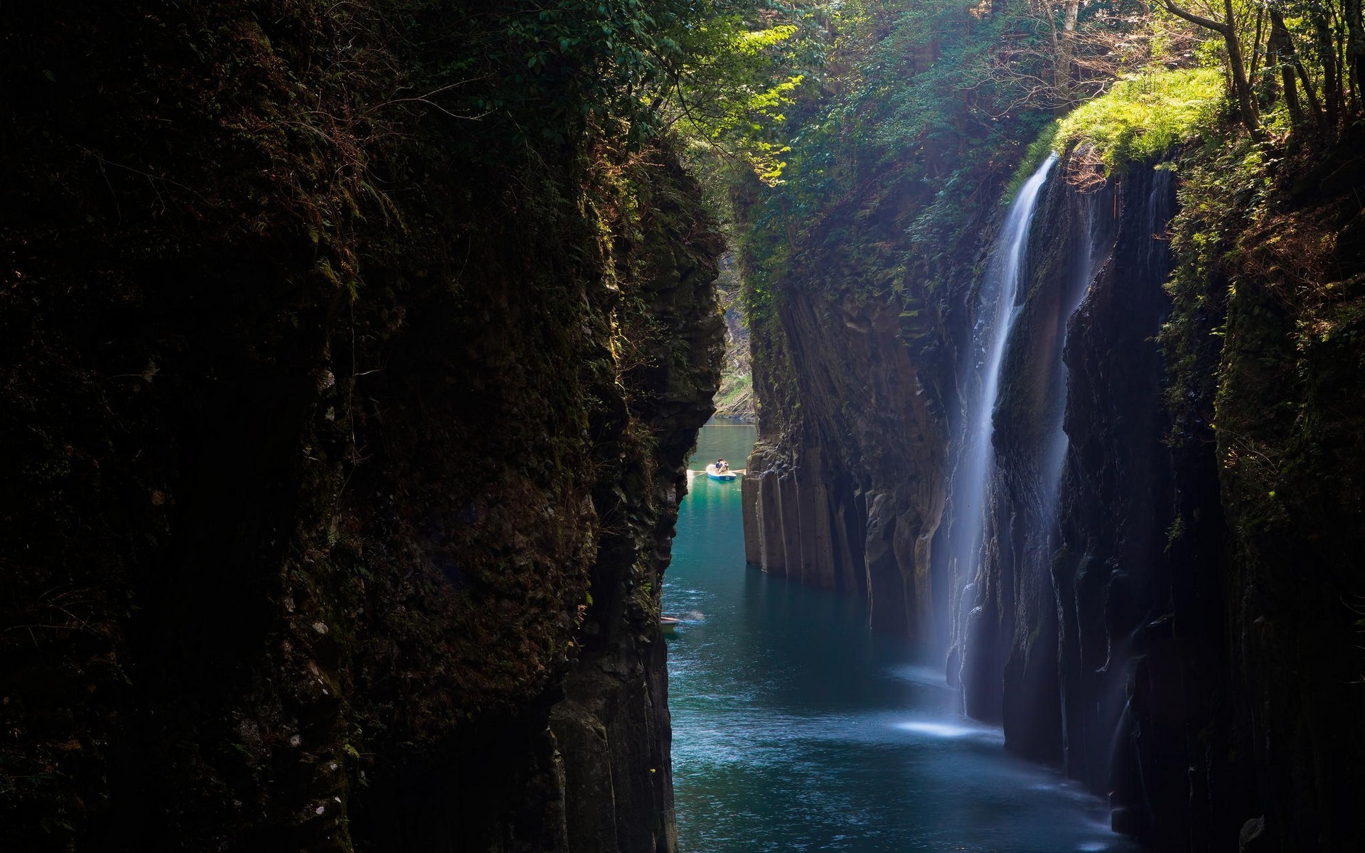 waterfall, Landscape, Canyon, Nature, Japan, Shrubs, Boat, Blue Wallpaper