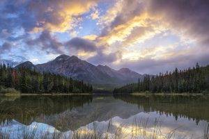 panoramas, Lake, Mountain, Nature, Sky, Jasper National Park, Canada, Landscape, Forest, Sunrise, Clouds, Trees, Reflection, Water