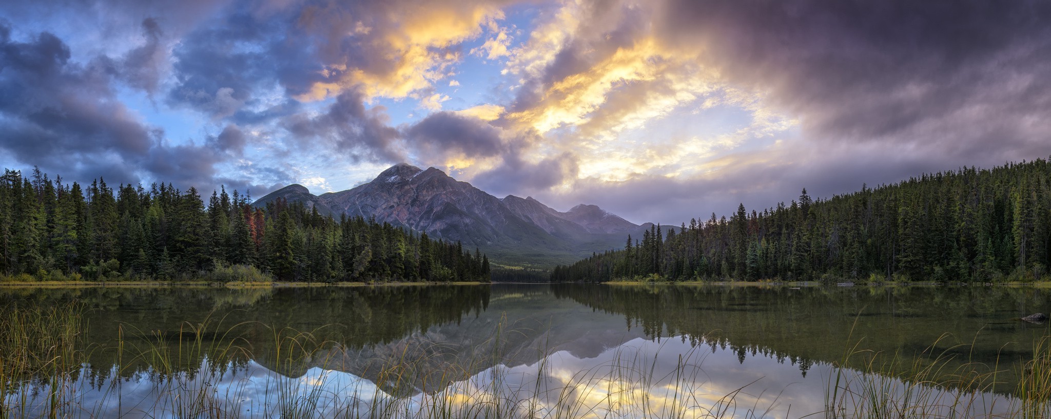 panoramas, Lake, Mountain, Nature, Sky, Jasper National Park, Canada, Landscape, Forest, Sunrise, Clouds, Trees, Reflection, Water Wallpaper