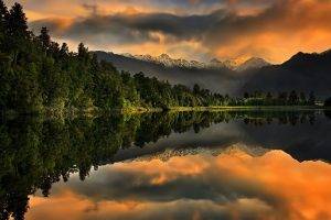 nature, Landscape, Sunset, Lake, Mountain, Forest, Reflection, Snowy Peak, Trees, Calm, Clouds