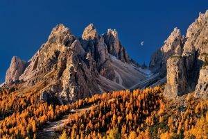 nature, Landscape, Moon, Blue, Sky, Mountain, Forest, Fall, Dolomites (mountains), Italy, Trees