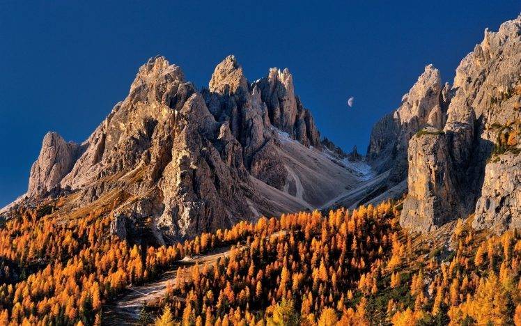 nature, Landscape, Moon, Blue, Sky, Mountain, Forest, Fall, Dolomites (mountains), Italy, Trees HD Wallpaper Desktop Background
