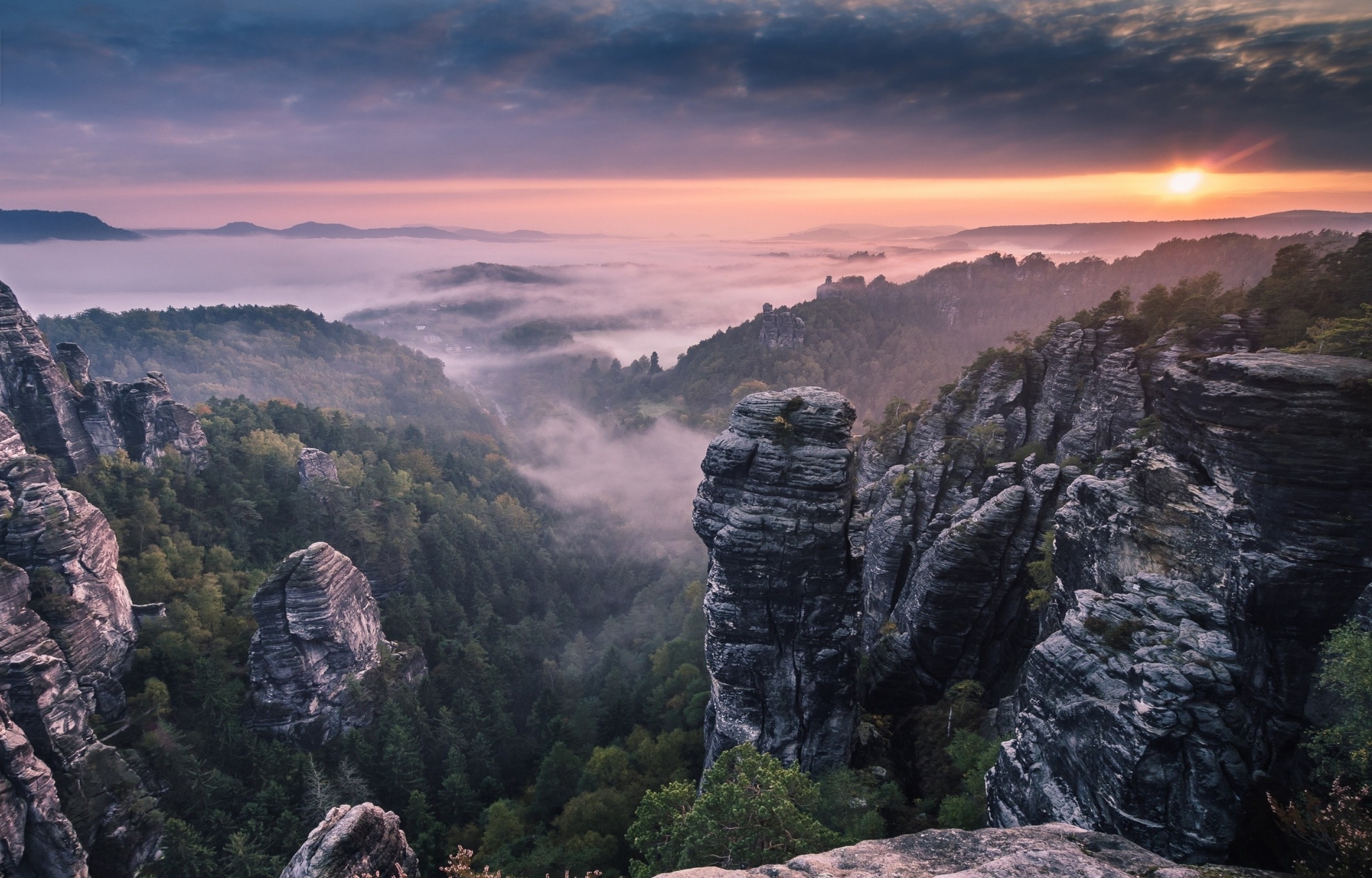 nature, Landscape, Sunrise, Germany, Mist, Rock, Forest, Clouds, Sky Wallpaper