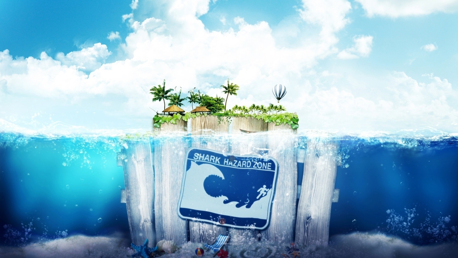 digital Art, Fantasy Art, Water, Sea, Underwater, Fence, Wood, Bubbles, Deck Chairs, Palm Trees, Island, Nature, Warning Signs, Shark, Humor, Waves, Clouds, Hot Air Balloons, House, Leaves, Starfish, Ball, Seashell, Sand Wallpaper