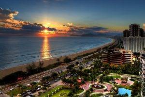 Rio De Janeiro, Brazil, City, Road, Car, Beach, Sea, Sunset, Clouds, Hotels, Palm Trees