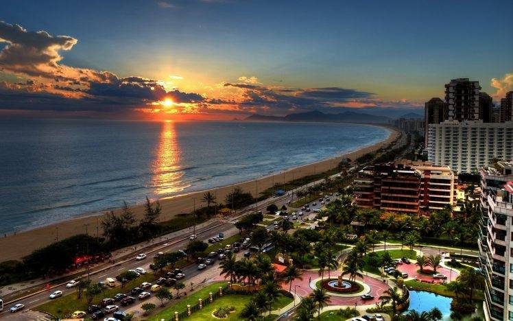 Rio De Janeiro, Brazil, City, Road, Car, Beach, Sea, Sunset, Clouds, Hotels, Palm Trees HD Wallpaper Desktop Background