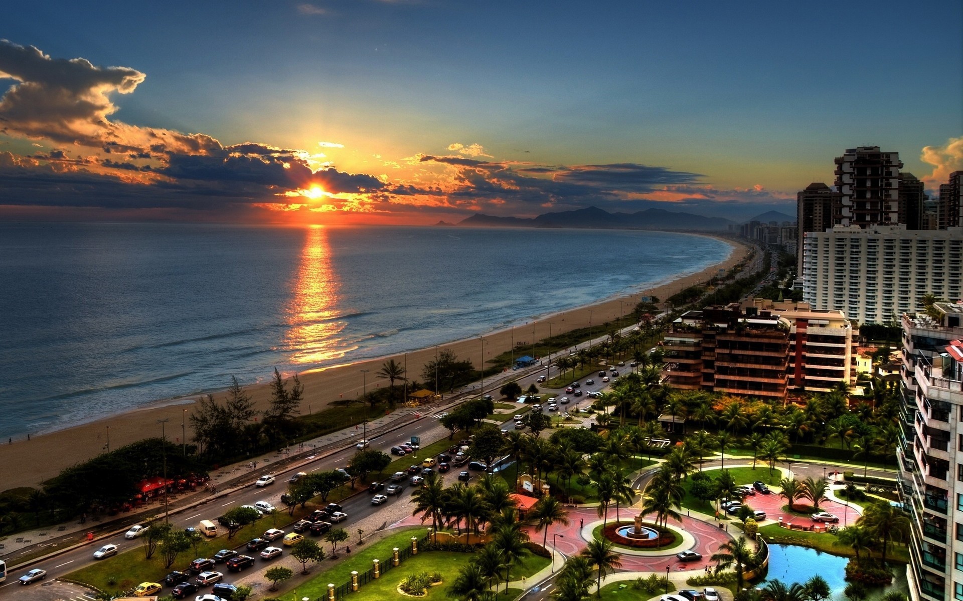 Rio De Janeiro, Brazil, City, Road, Car, Beach, Sea, Sunset, Clouds, Hotels, Palm Trees Wallpaper