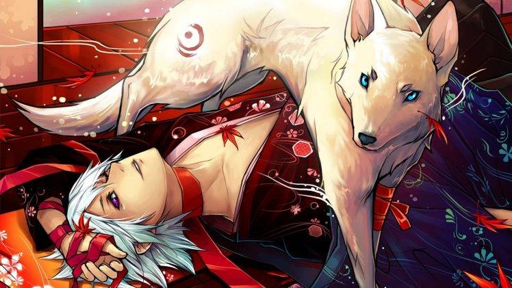 wolf, Leaves, Artwork, Kimono, Men, Blue Eyes, Lying Down, Animals, Red Leaves HD Wallpaper Desktop Background
