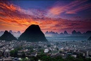 nature, Landscape, Sunset, Cityscape, Mist, Sky, China, Clouds, Hill, Building, Trees, Architecture
