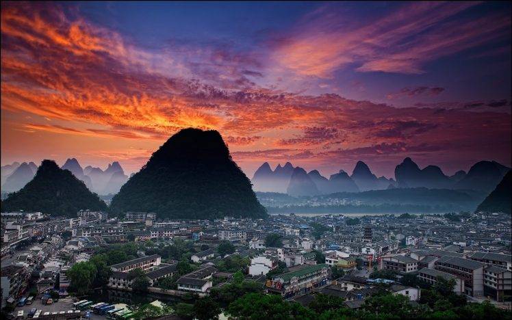 nature, Landscape, Sunset, Cityscape, Mist, Sky, China, Clouds, Hill, Building, Trees, Architecture HD Wallpaper Desktop Background