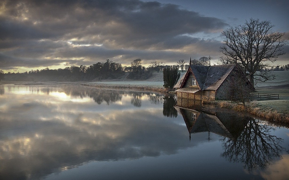 nature, Landscape, Frost, Morning, Cottage, Clouds, Trees, Water, Lake, Reflection, Sunrise, Ireland Wallpaper