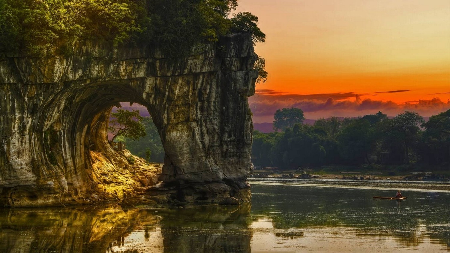 nature, Landscape, Lake, Boat, Arch, Trees, Sunset, Shrubs, Rock, Sky