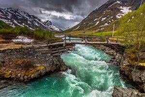 nature, Landscape, River, Bridge, Mountain, Trees, Clouds, Snow, Green, Water, Norway
