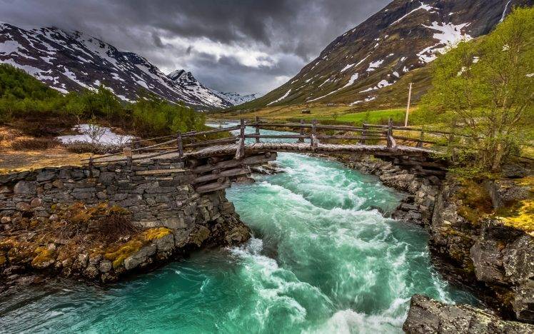 nature, Landscape, River, Bridge, Mountain, Trees, Clouds, Snow, Green, Water, Norway HD Wallpaper Desktop Background