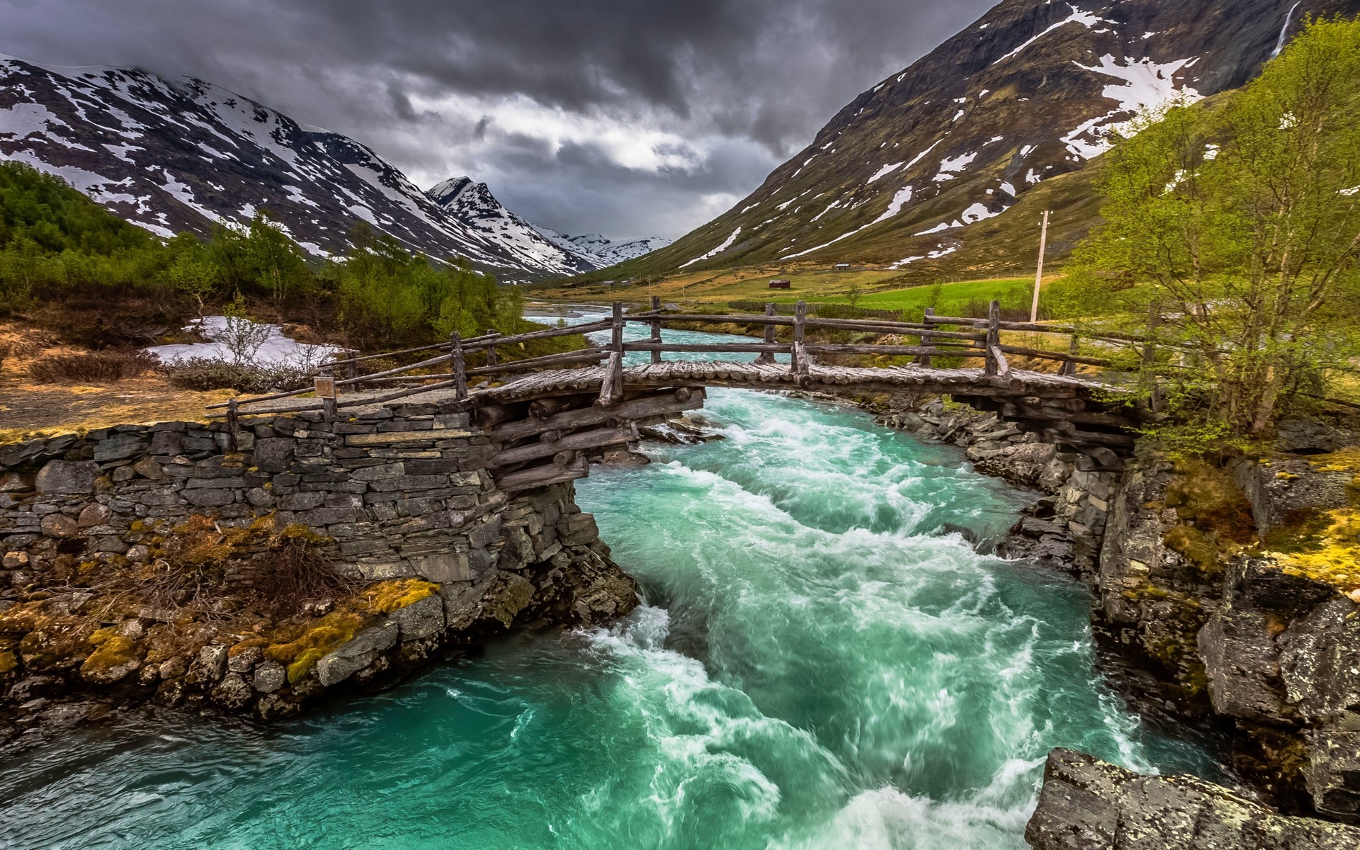 nature, Landscape, River, Bridge, Mountain, Trees, Clouds, Snow, Green