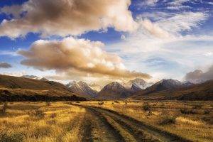 nature, Landscape, Panoramas, Dirt Road, Dry Grass, Mountain, Clouds, Shrubs, Sunset, Snowy Peak, New Zealand