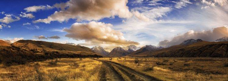 nature, Landscape, Panoramas, Dirt Road, Dry Grass, Mountain, Clouds, Shrubs, Sunset, Snowy Peak, New Zealand HD Wallpaper Desktop Background
