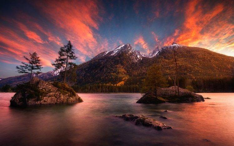 nature, Landscape, Sunset, Mountain, Forest, Island, Lake, Snowy Peak, Sky, Trees, Clouds, Fall HD Wallpaper Desktop Background