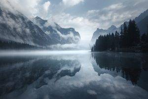 nature, Water, Landscape, Morning, Mist, Lake, Mountain, Clouds, Reflection, Trees, Dolomites (mountains), Italy