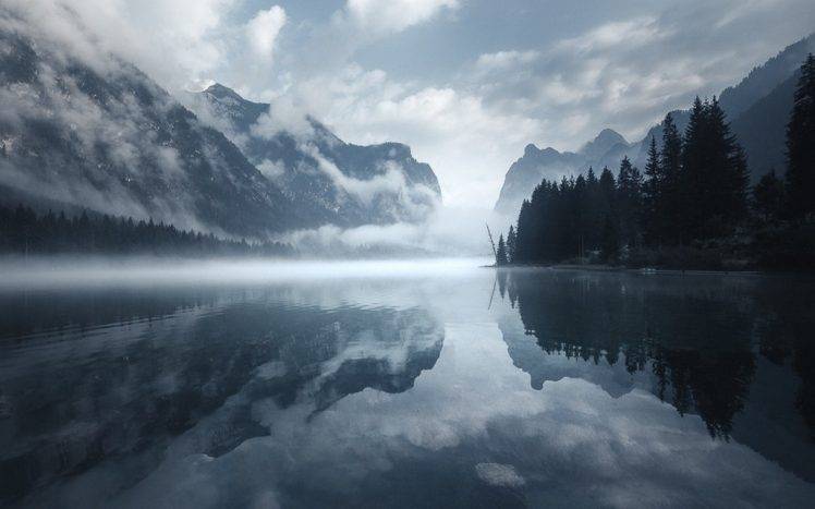 nature, Water, Landscape, Morning, Mist, Lake, Mountain, Clouds, Reflection, Trees, Dolomites (mountains), Italy HD Wallpaper Desktop Background