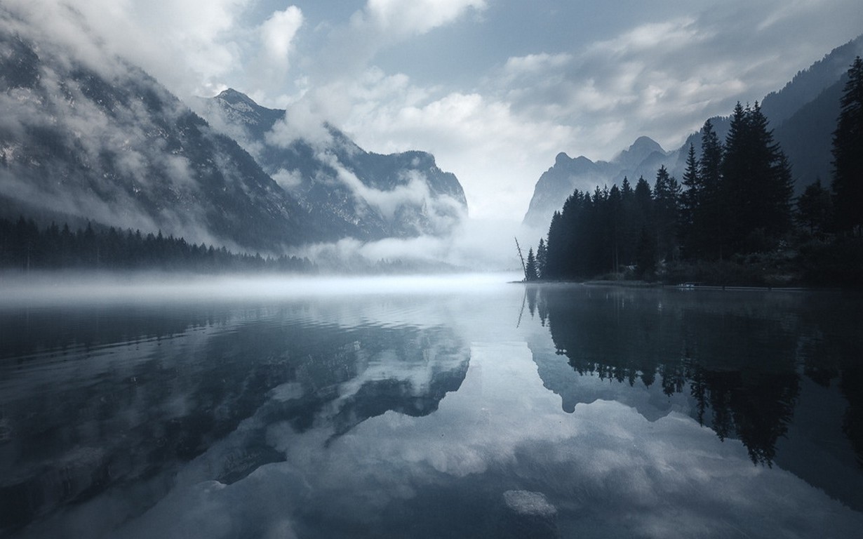 nature, Water, Landscape, Morning, Mist, Lake, Mountain, Clouds, Reflection, Trees, Dolomites (mountains), Italy Wallpaper