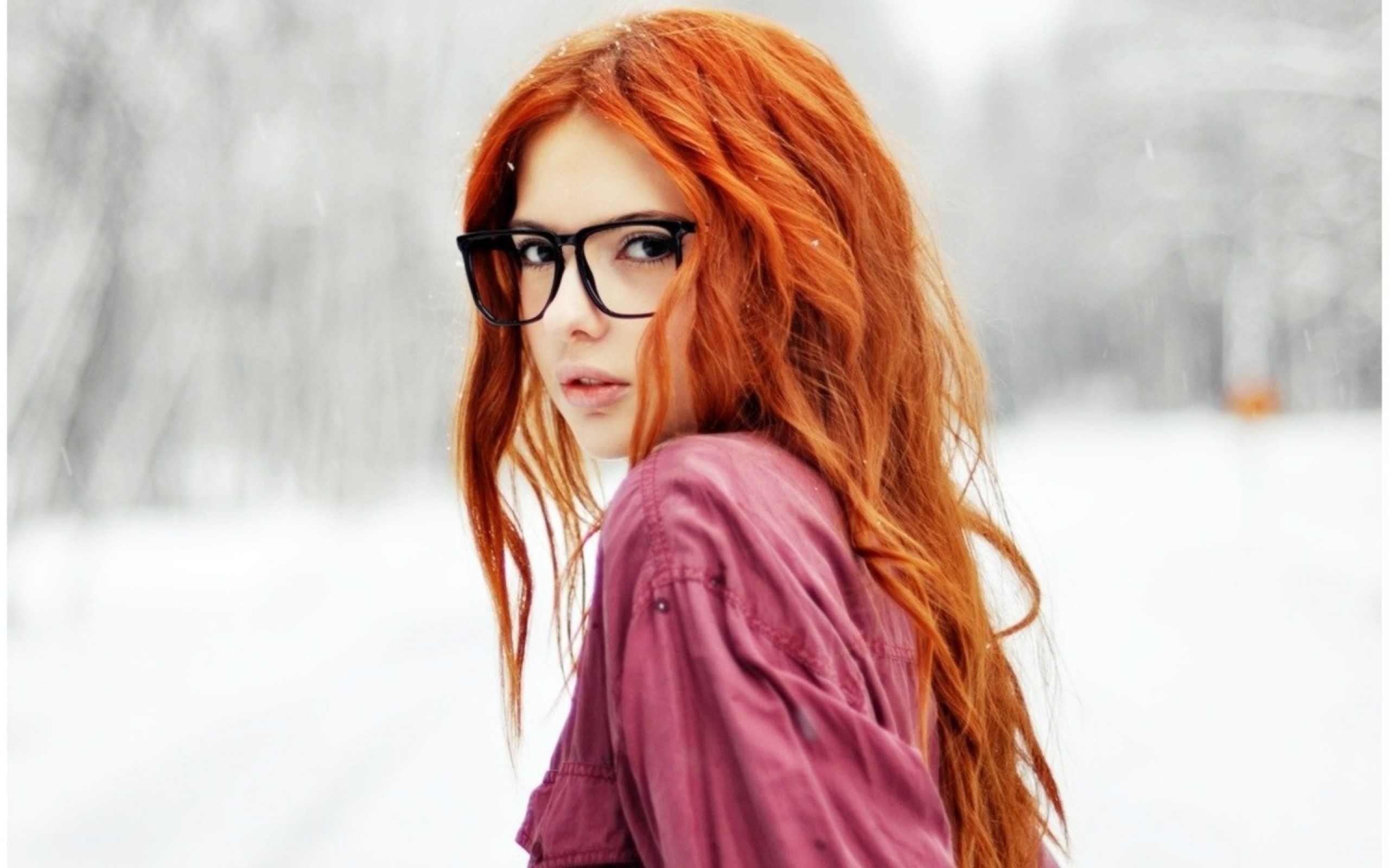 Glasses Redhead Women Women Outdoors Snow Model Long