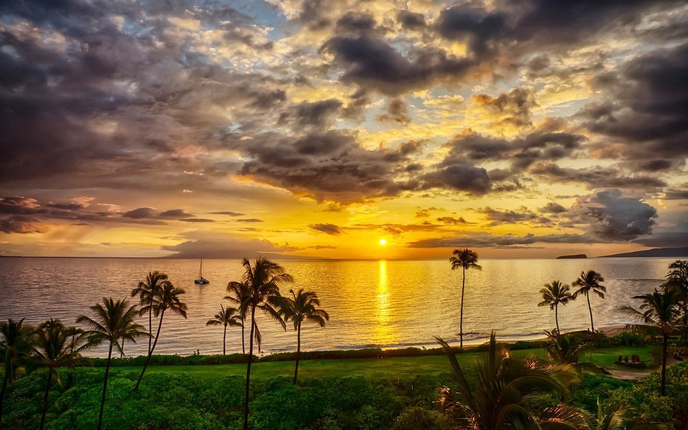 nature, Landscape, Island, Sunset, Beach, Palm Trees, Sea, Sky, Grass, Shrubs, Clouds, Maui Wallpaper