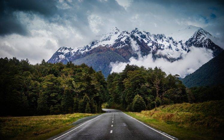 nature, Landscape, Road, Asphalt, Mountain, Forest, Grass, Clouds, Snowy Peak, New Zealand, Trees HD Wallpaper Desktop Background