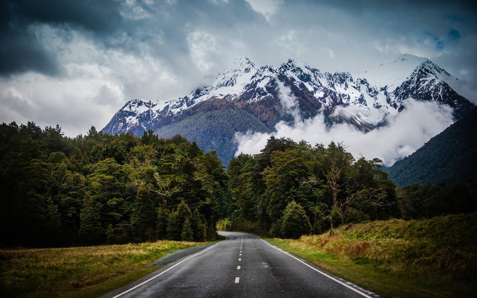 nature, Landscape, Road, Asphalt, Mountain, Forest, Grass, Clouds, Snowy Peak, New Zealand, Trees Wallpaper
