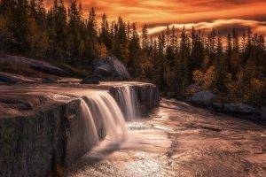 nature, Landscape, Waterfall, Forest, Sunset, Long Exposure, Trees, Fall, Sky, Clouds, Stones