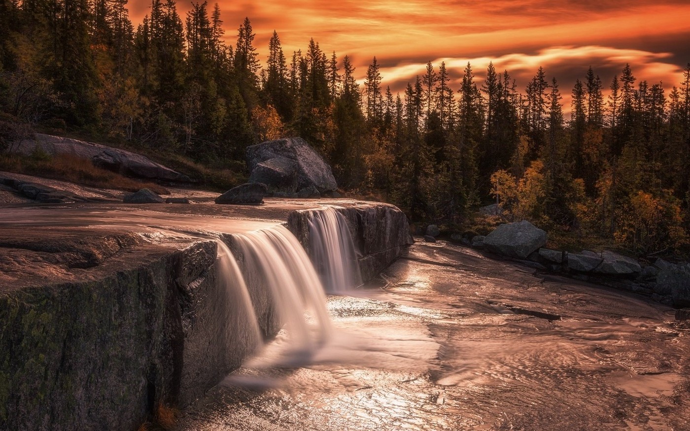 nature, Landscape, Waterfall, Forest, Sunset, Long Exposure, Trees, Fall, Sky, Clouds, Stones Wallpaper